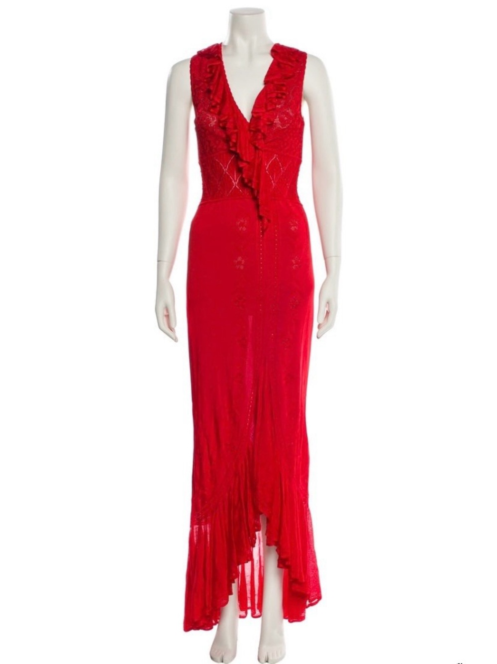 NWT! Roberto Cavalli Red Pointelle Knit Ruffle Trim V-neck Maxi Dress